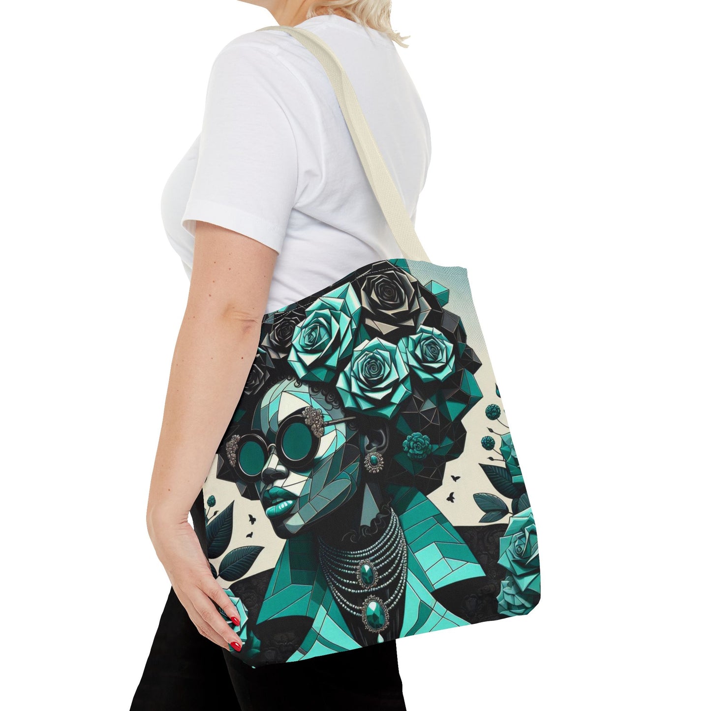 Chic Floral Tote Bag - Stylish Eco-Friendly Handbag for Everyday Use, Perfect for Gifts, Shopping, Beach, Art Lovers - Turquoise & Black Roses Lady