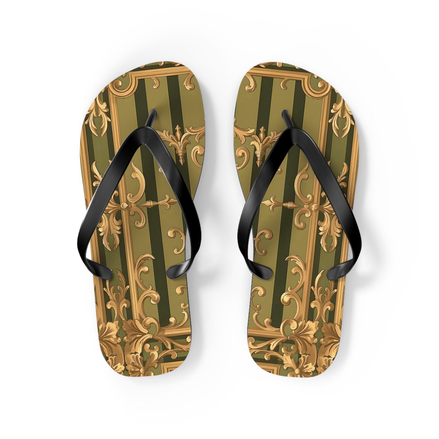 Elegant Floral Flip Flops, Summer Sandals, Beach Footwear, Vacation Essentials, Gift for Her, Outdoor Adventures - Olive Green Striped Rococo