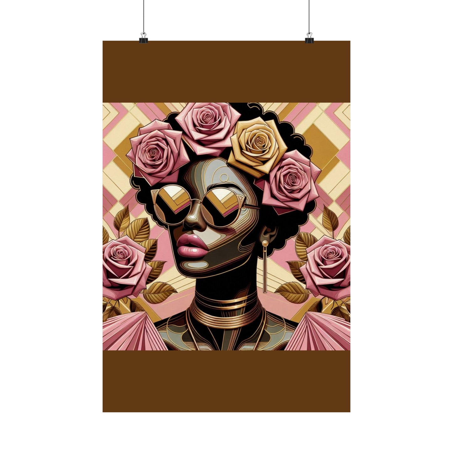 Elegant Satin Poster | Black Woman Art Print | Floral Decor | Modern Wall Art | Home Decor | Gift for Her | Pink Roses Lady