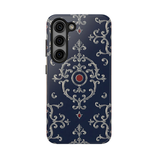 Elegant Patterned Tough Phone Cases for Stylish Protection, Gift for Her, Unique Accessories - Blue & Red Striped Silver Baroque