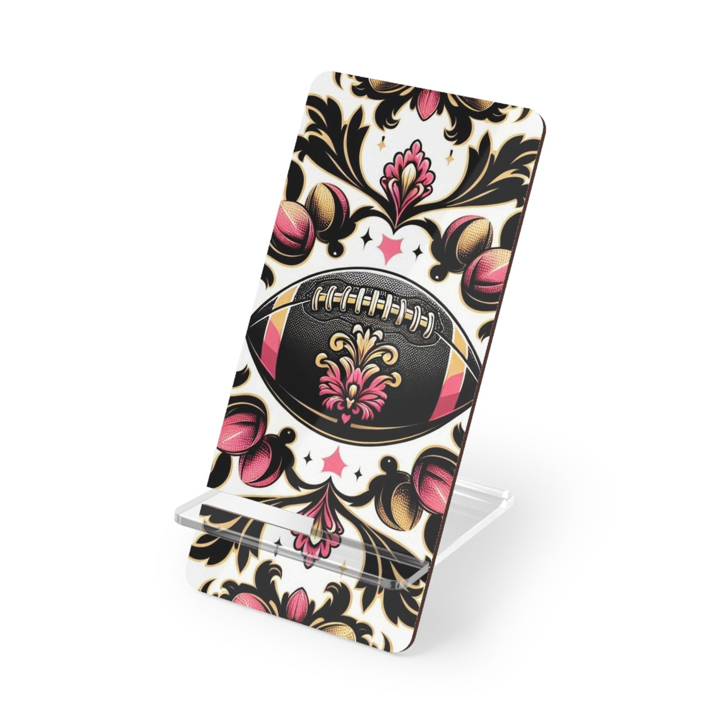 Elegant Floral Motif Smartphone Display Stand - Damask Pink, Gold & Black Football - Decorative Mobile Holder