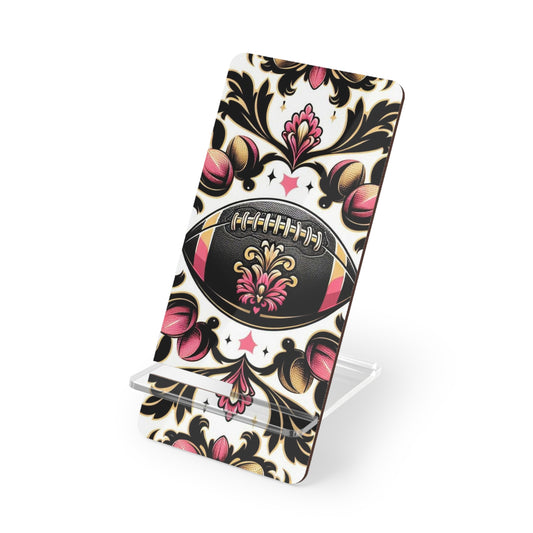 Elegant Floral Motif Smartphone Display Stand - Damask Pink, Gold & Black Football - Decorative Mobile Holder