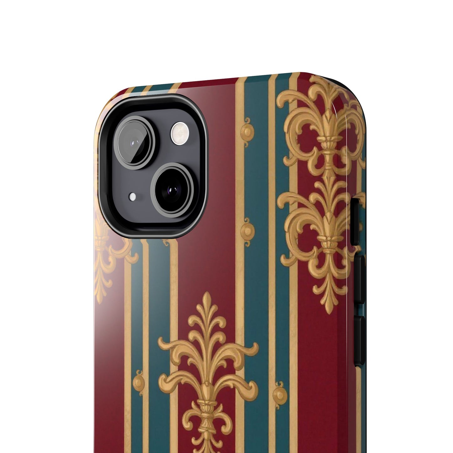 Elegant Vintage Tough Phone Case, Luxury Phone Protection, Stylish Phone Cover, Durable Phone Accessory - Burgundy Striped Gold Baroque