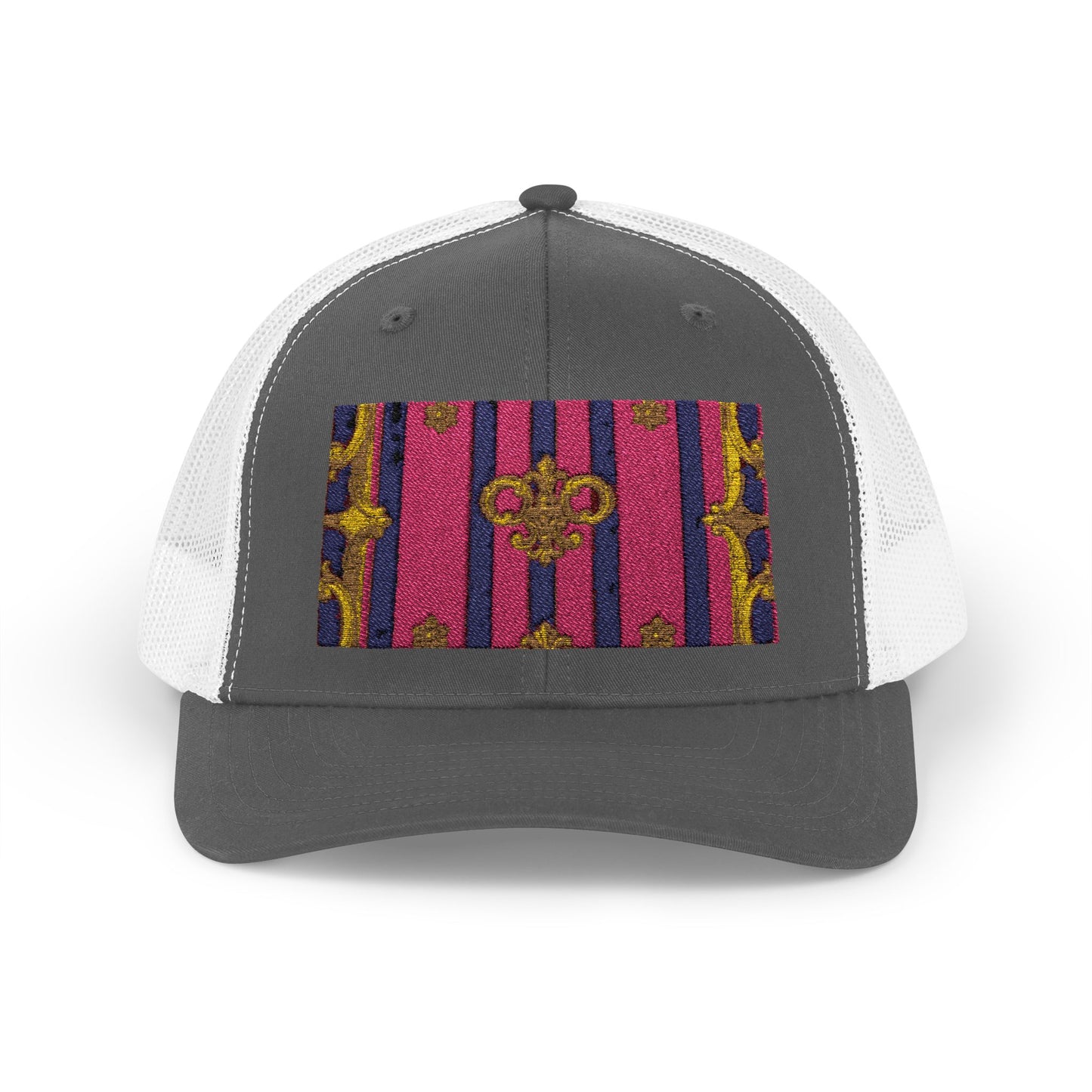 Vibrant Snapback Trucker Cap, Stylish Outdoor Hat, Trendy Fashion Accessory, Gift for Him or Her - Pink Striped Gold Baroque