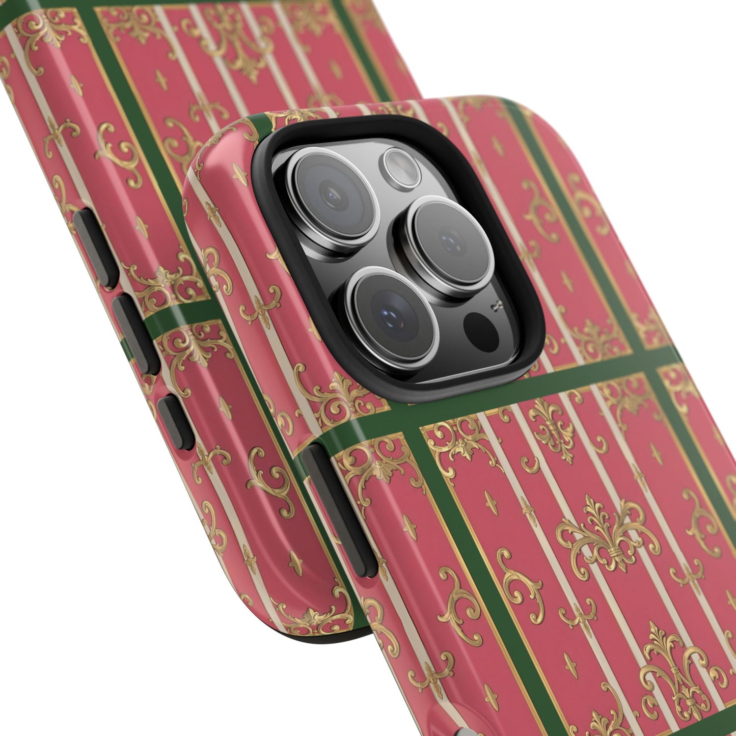 Elegant Green Border Pink Striped Baroque Phone Cases, Tough Phone Cases for Protection, Stylish Mobile Accessories, Gift for Her, Holiday Tech Gifts