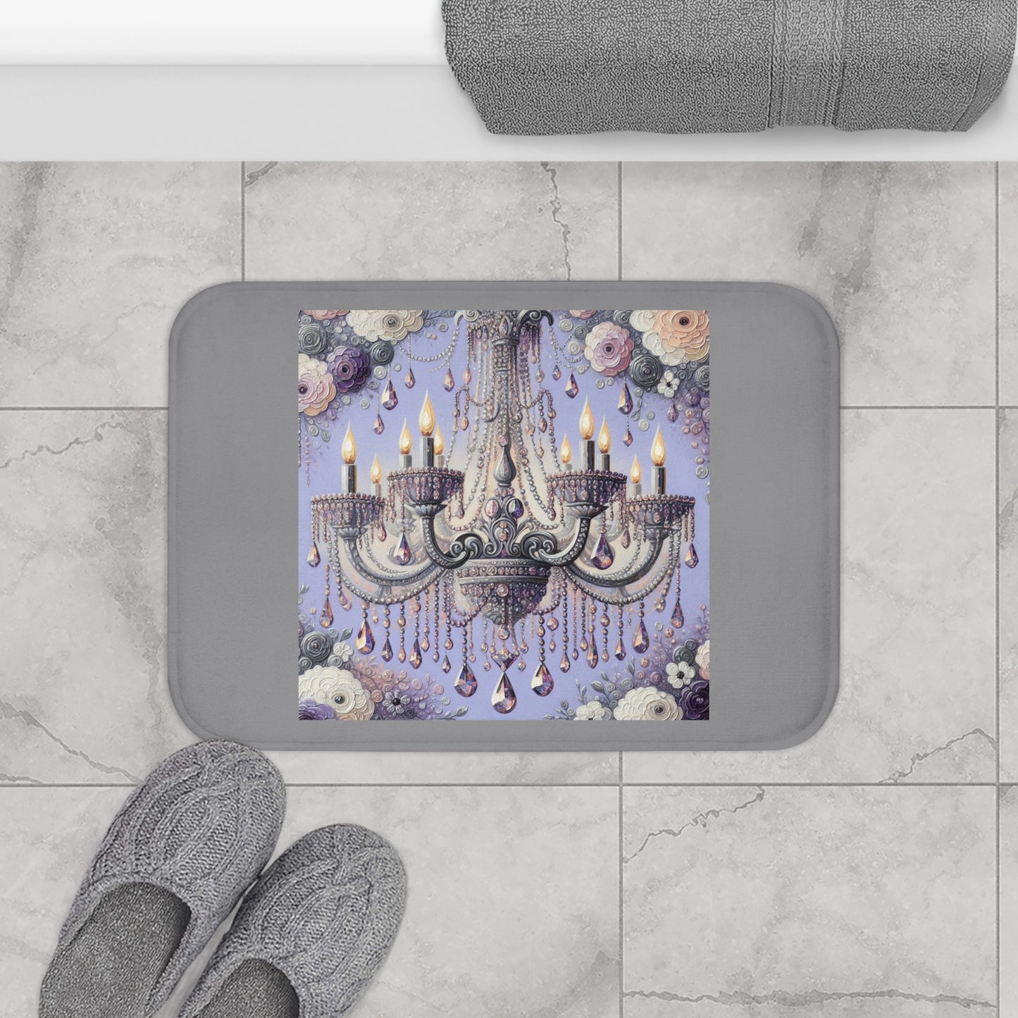 Elegant Floral Chandelier Bath Mat - Luxurious Bathroom Decor, Home Spa Essential, Gift for Her, Wedding, Elegant Home - Lilac Jeweled Chandelier