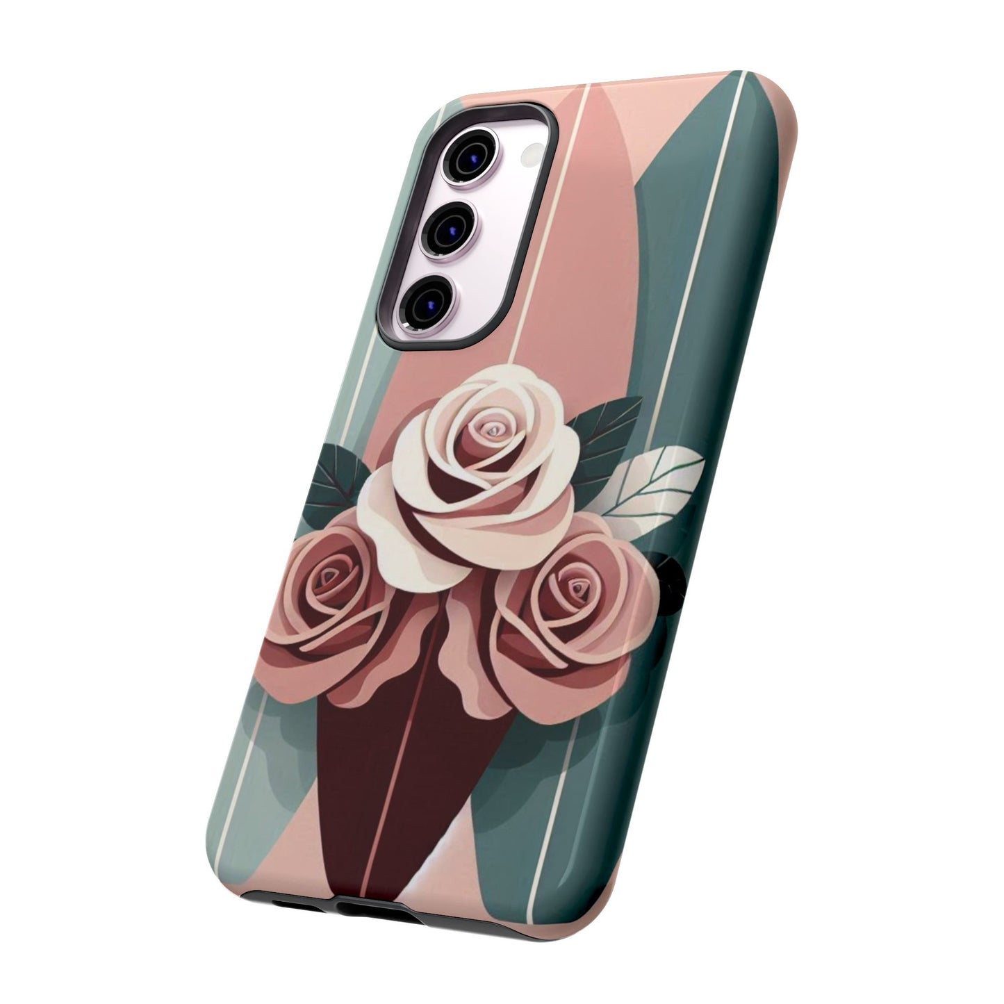 Phone Case - Burgundy, Matte Mauve & Teal Surfboard & Roses Design