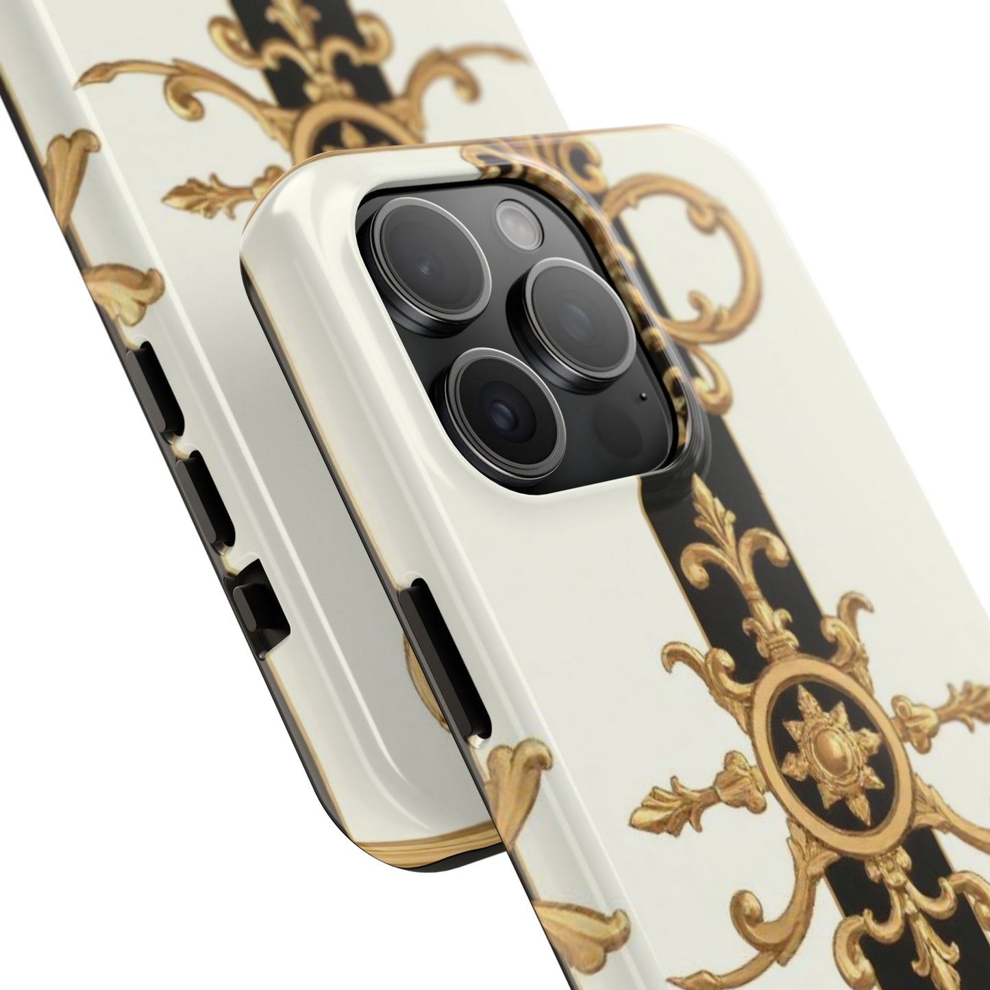 Elegant Baroque Tough Phone Case | Stylish Protection for Your Device, Gift for Her, Phone Accessories - Black & White Striped Gold Baroque