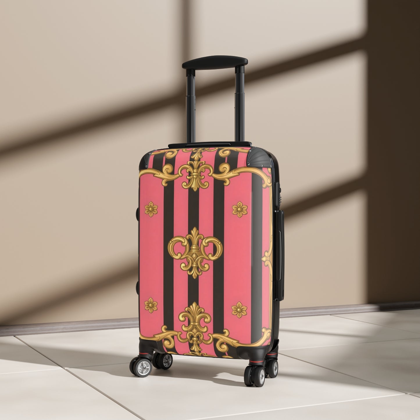 Stylish Pink Striped Suitcase with Gold Accents, Travel Luggage, Vacation Bag - Pink & Black Striped Gold Baroque