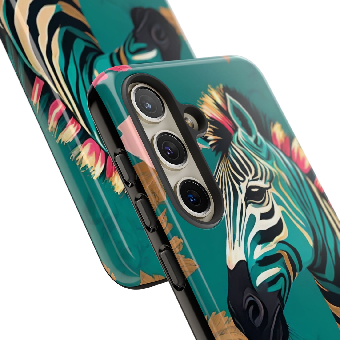 Phone Case - Elegant Teal & Gold Zebra & Roses Design