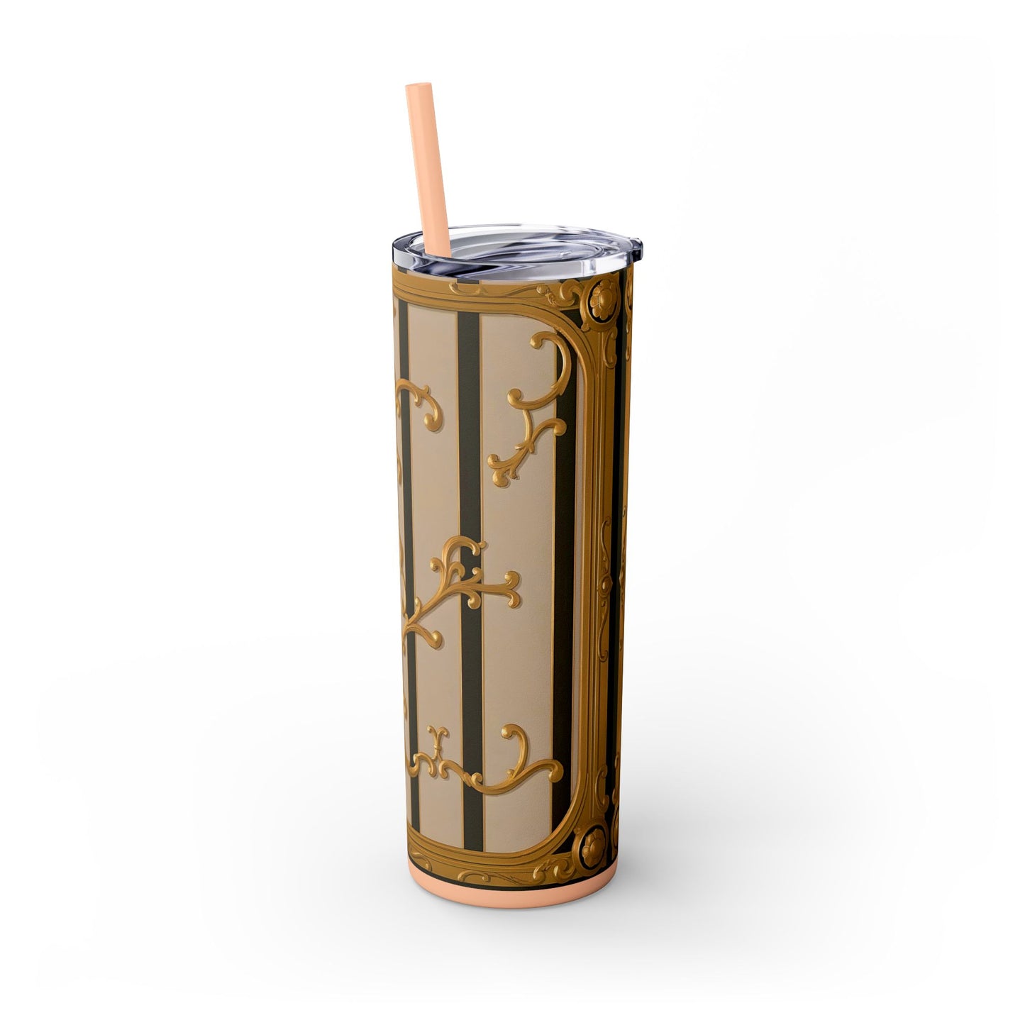 Skinny Tumbler with Straw, 20oz - Beige Striped Gold Rococo