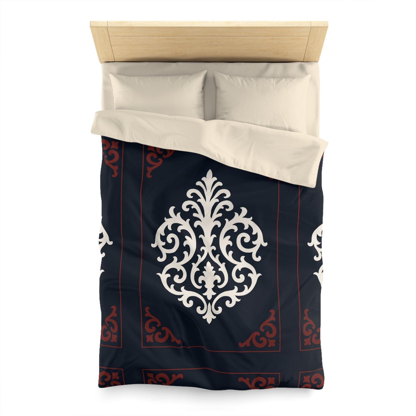 Dusk Blue-Maroon & White Baroque Microfiber Duvet Cover — Dusk Blue & White Decorative Bedding