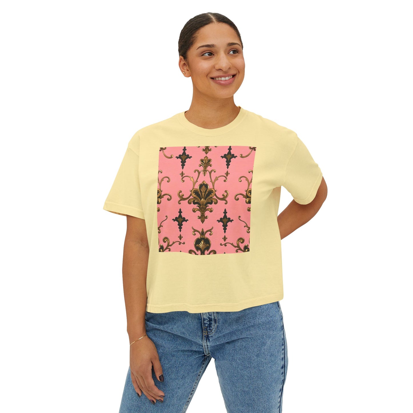 Vintage Floral Women's Boxy Tee, Casual Summer Top, Retro Fashion, Gifts for Her - Pink, Black & Gold Rococo