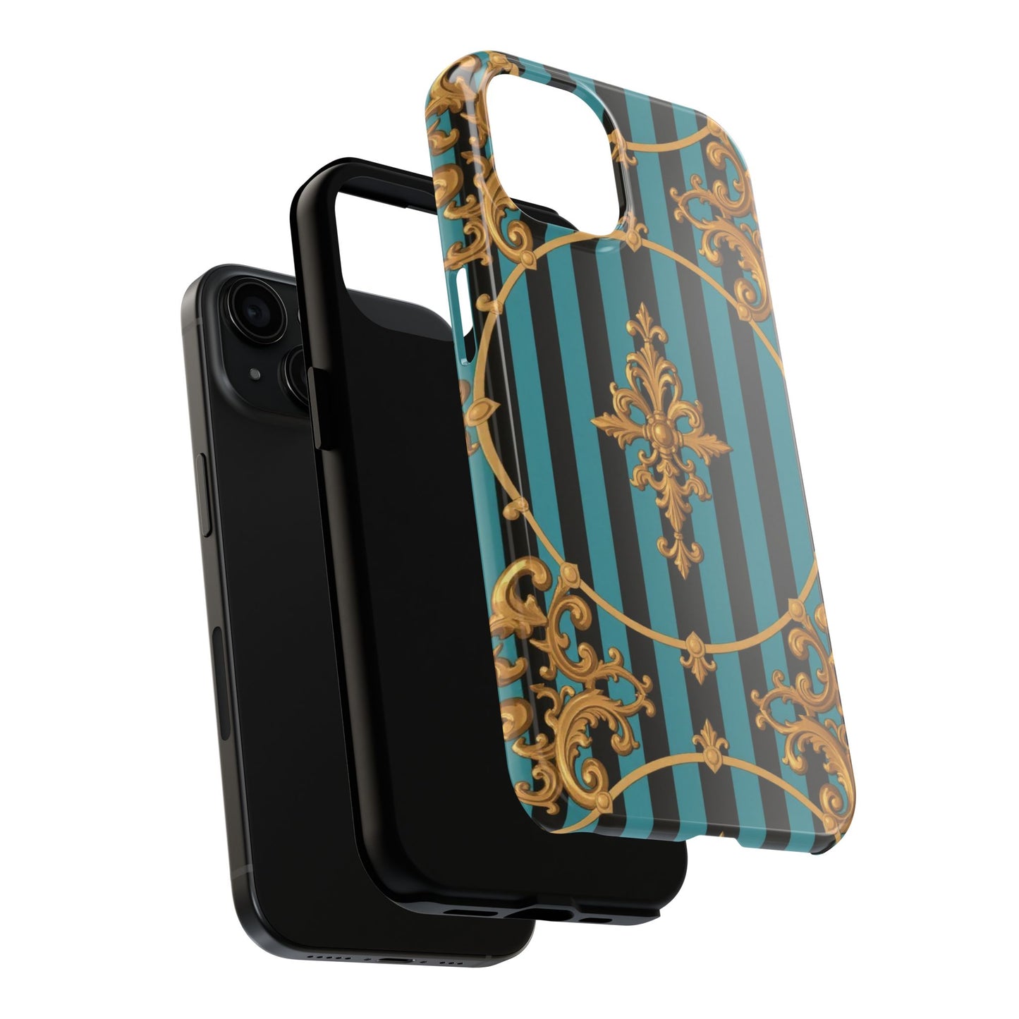 Elegant Turquoise & Black Striped Gold Baroque Phone Case, Tough Phone Cases for Fashion Lovers, Gift for Her, Luxury Accessories
