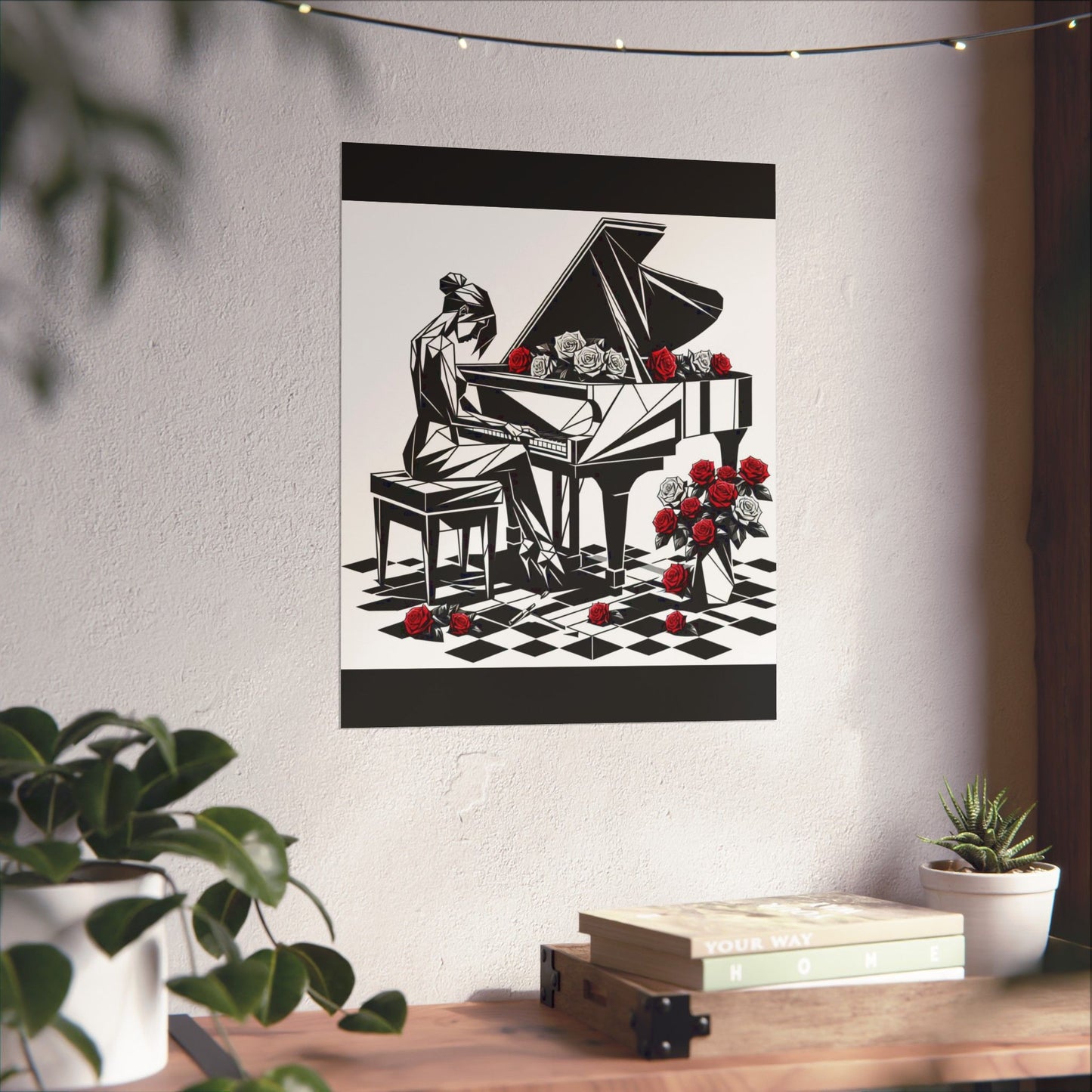 Vertical Poster - Black & White Grand Piano & Red Roses Design