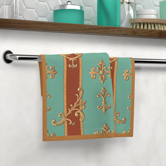 Elegant Floral Face Towel - Luxurious Spa Vibe for Home or Travel - Rust & Mint Aqua Striped Baroque