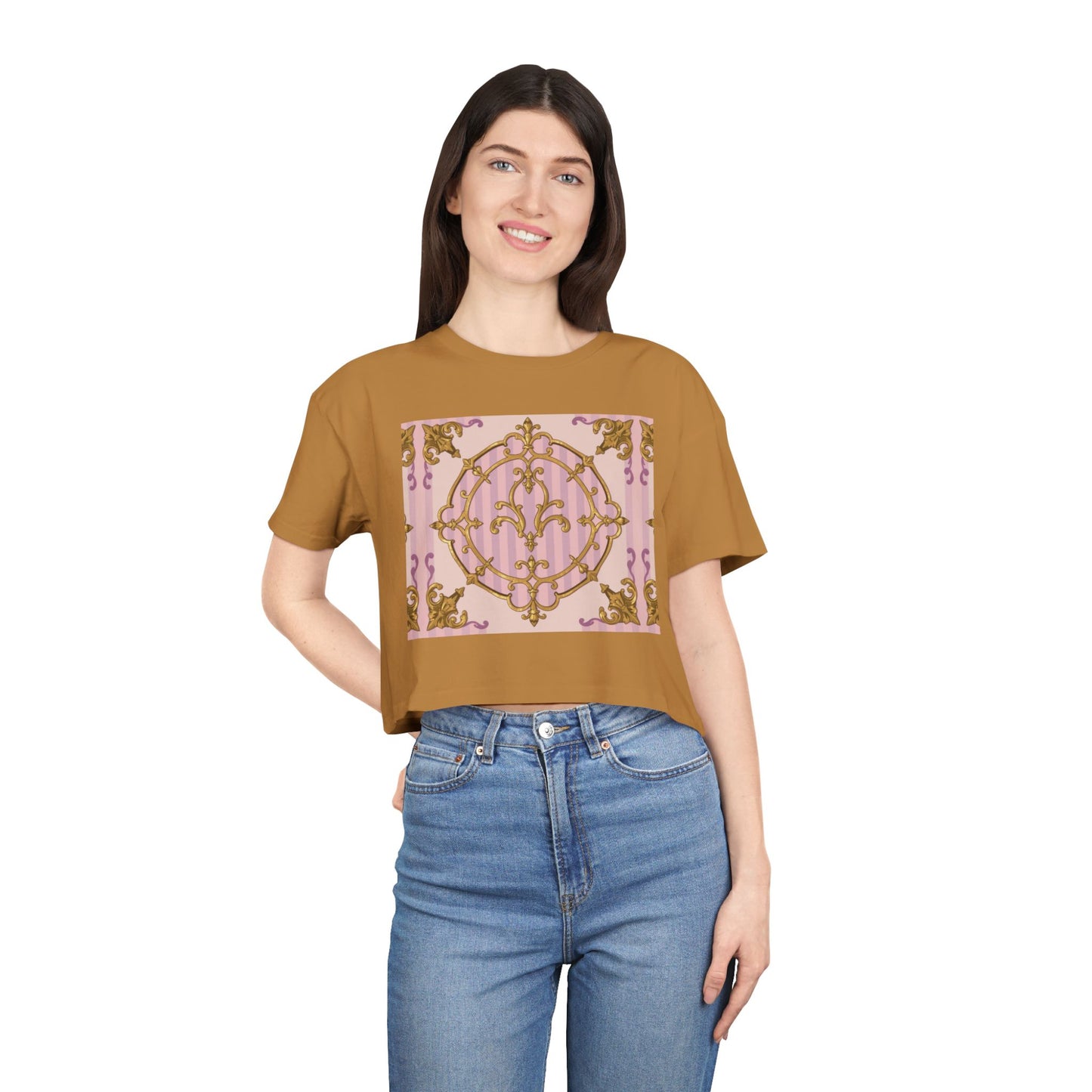 Chic Women's Crop Tee with Elegant Lavender & Alabaster Striped Gold Baroque Print - Perfect for Fashionistas, Festivals, Gifts, Summer Wear