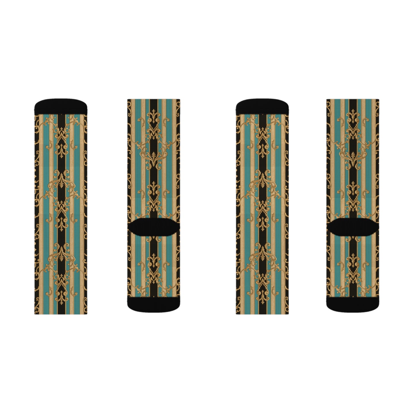 Stylish Black, Tan & Ocean Green Striped Gold Baroque Sublimation Socks, Unique Fashion Footwear, Trendy Gift for Fashion Lovers