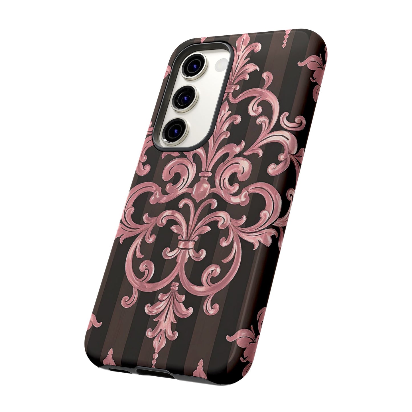 Elegant Floral Motif Phone Case - Tough Cases with Vintage Design - Brown Striped Mauve Damask