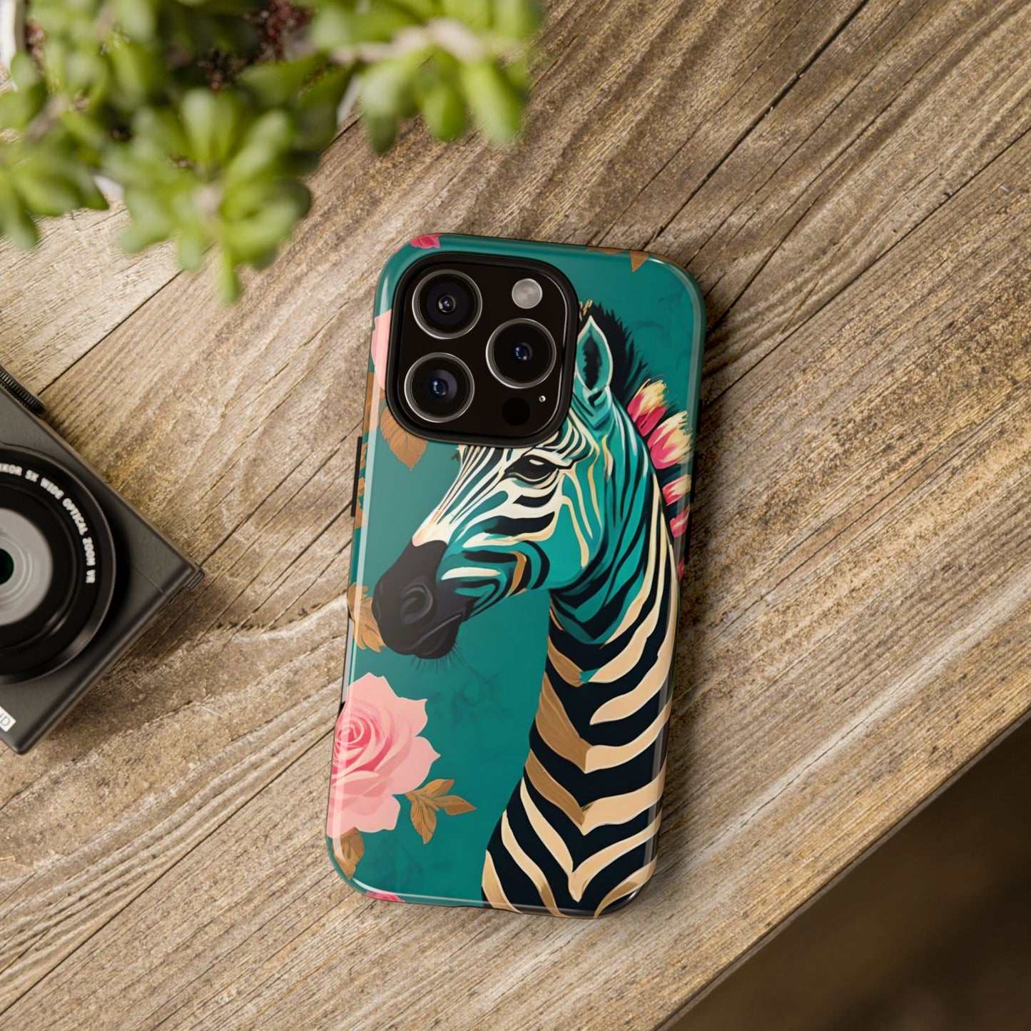 Phone Case - Elegant Teal & Gold Zebra & Roses Design
