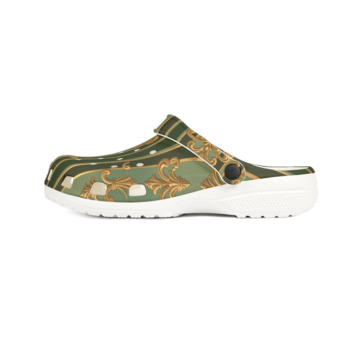 Stylish AOP EVA Foam Clogs, Trendy Foam Shoes for Comfort, Garden Sandals, Summer Outdoor Footwear - Green Striped Gold Baroque