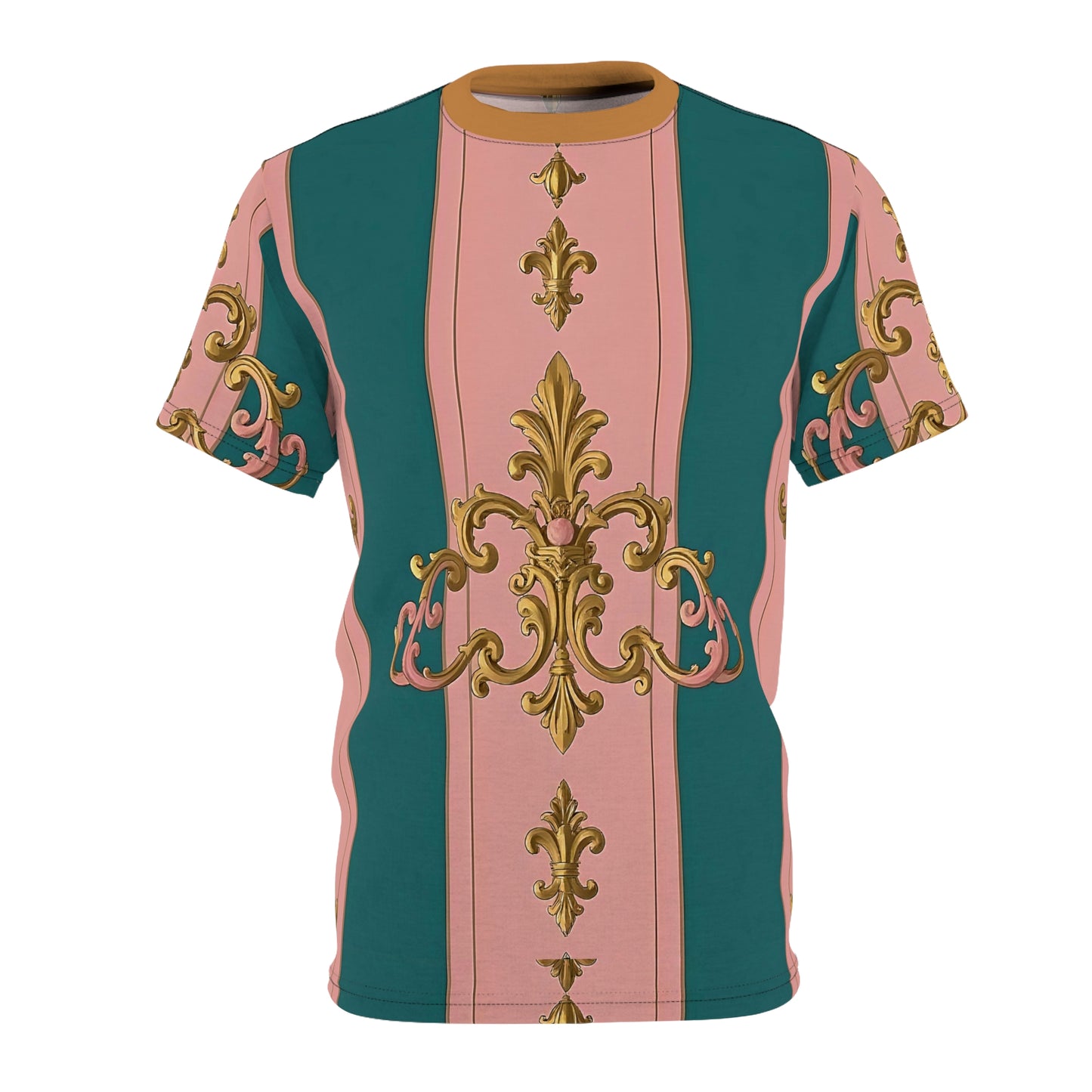 Chic Vintage AOP Tee, Stylish Unisex Cut & Sew T-Shirt, Fashionable Statement Tee - Pink & Teal Striped Gold Baroque
