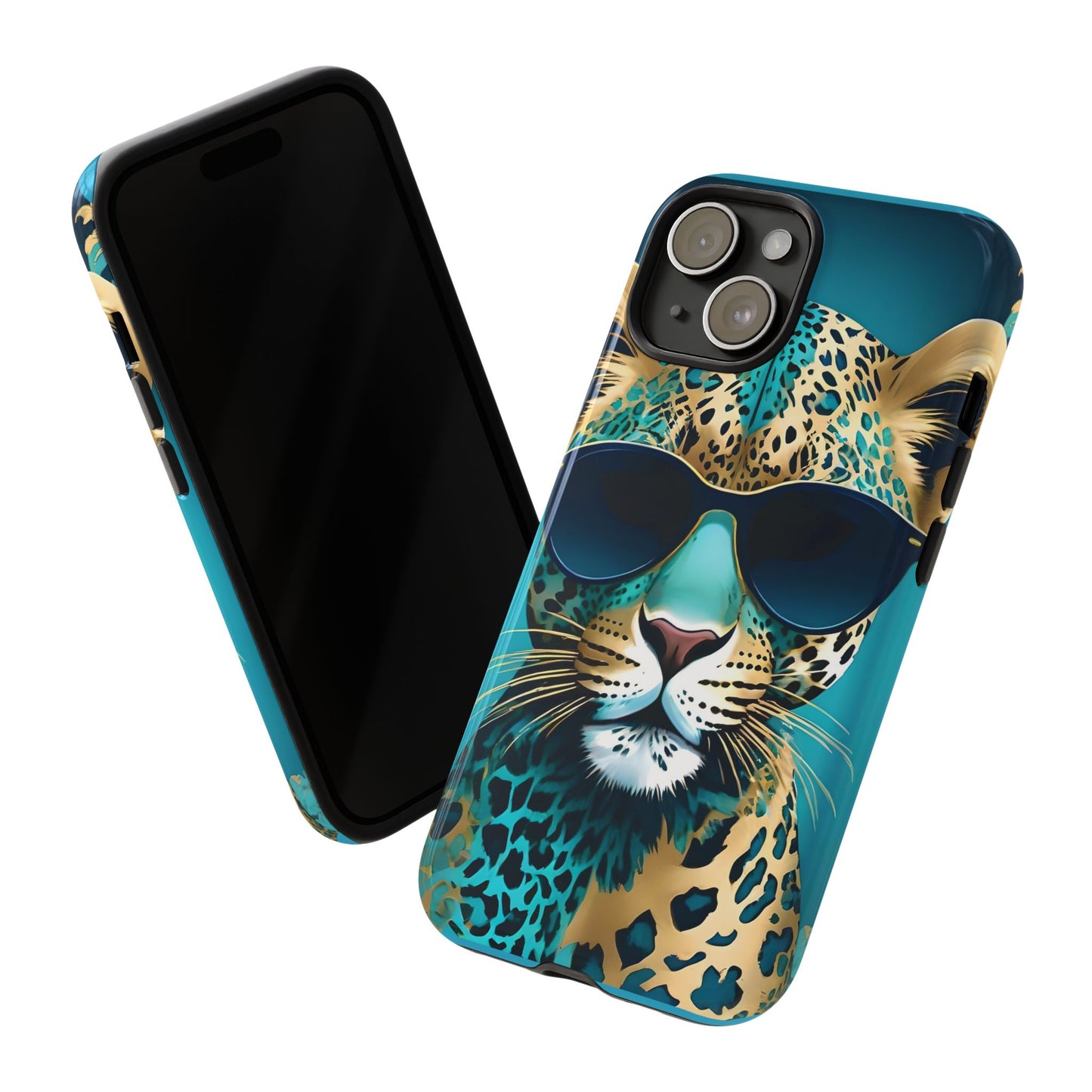Phone Case - Aqua & Gold Leopard In Sunglasses Design