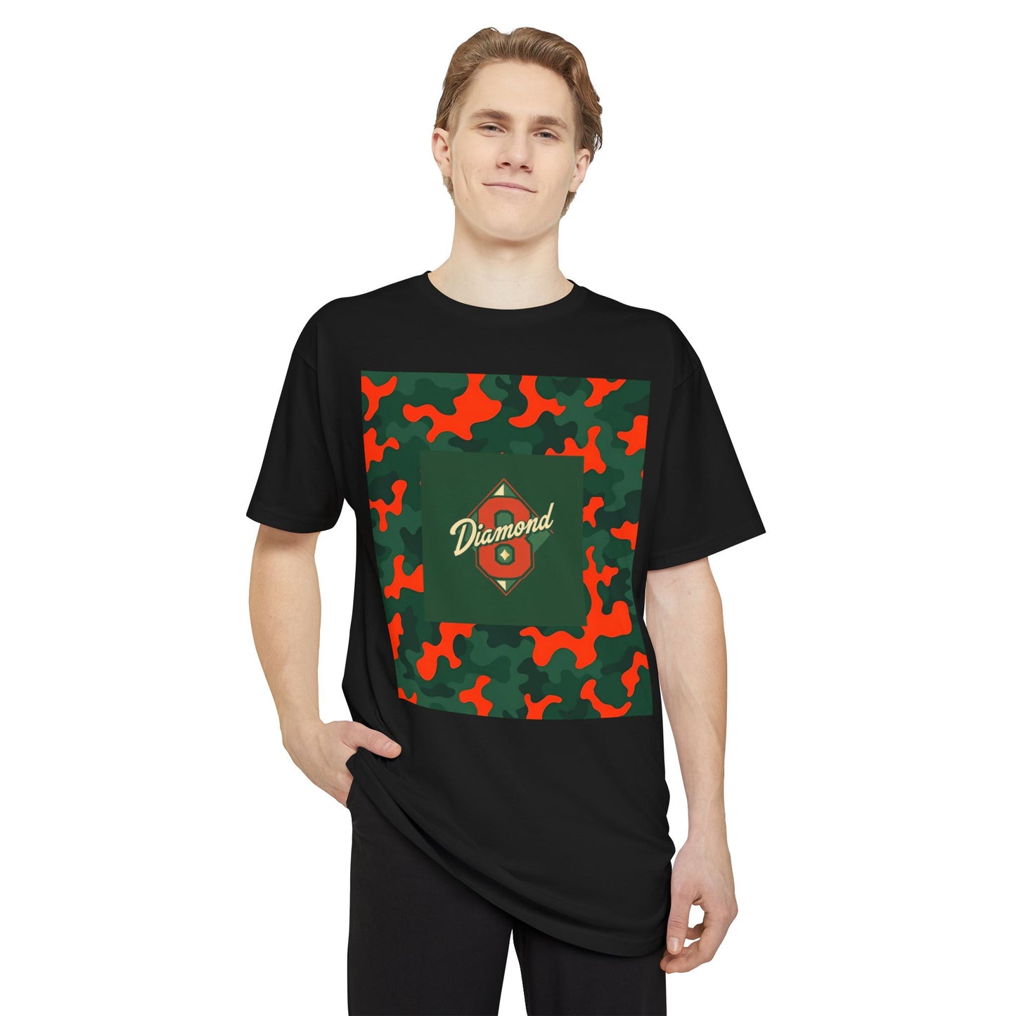 Urban Camo Long Body Tee, Trendy Streetwear, Summer Fashion Top, Unisex Casual Shirt, Gift for Him/Her - Green & Orange Camo Diamond 8