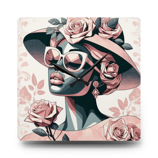 Elegant Floral Acrylic Wall Clock | Home Decor, Living Room Accent, Gift for Her, Art Clock, Modern Design - Pink & Matte Teal Lady