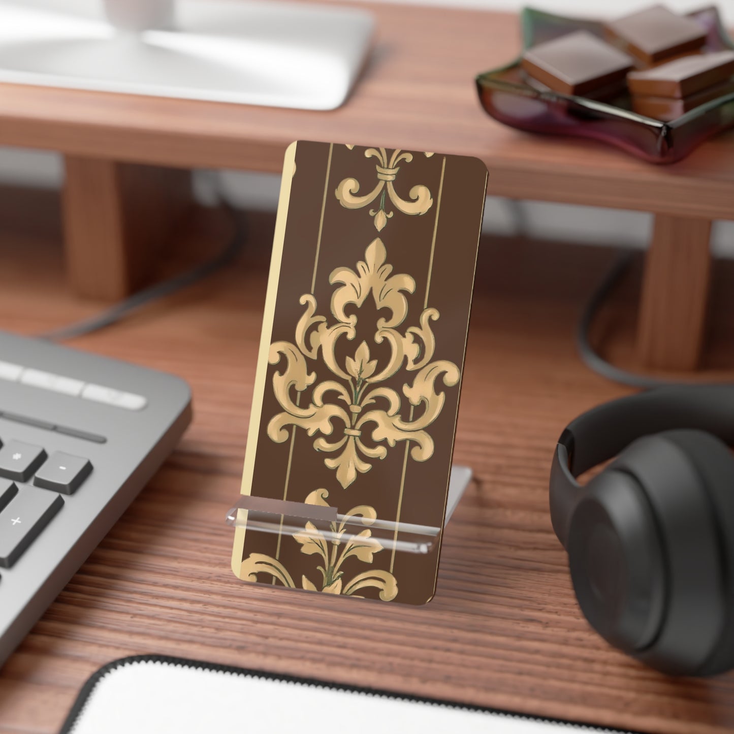 Elegant Floral Smartphone Display Stand - Brown Striped Damask - Decorative Mobile Holder