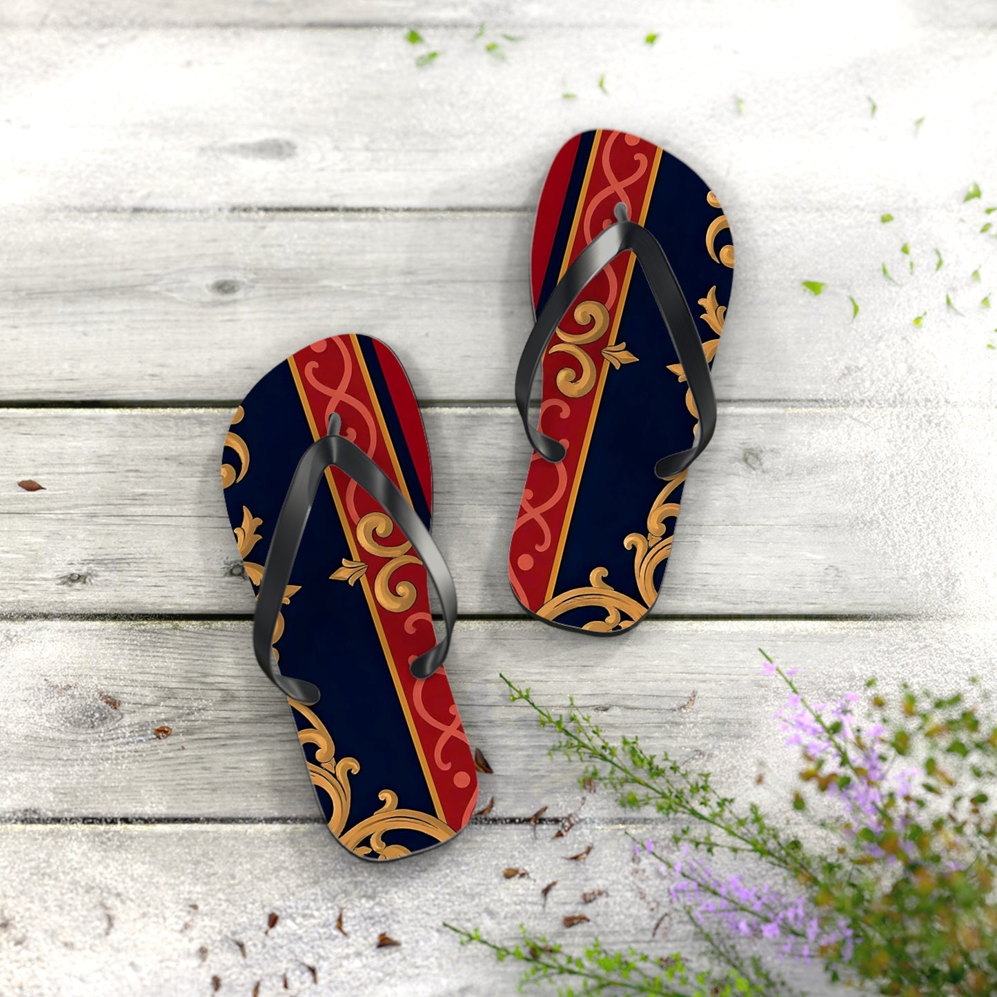 Elegant Vintage Flip Flops, Stylish Summer Footwear, Beachwear Accessories, Vacation Essentials - Midnight Blue & Dusk Red Gold Baroque