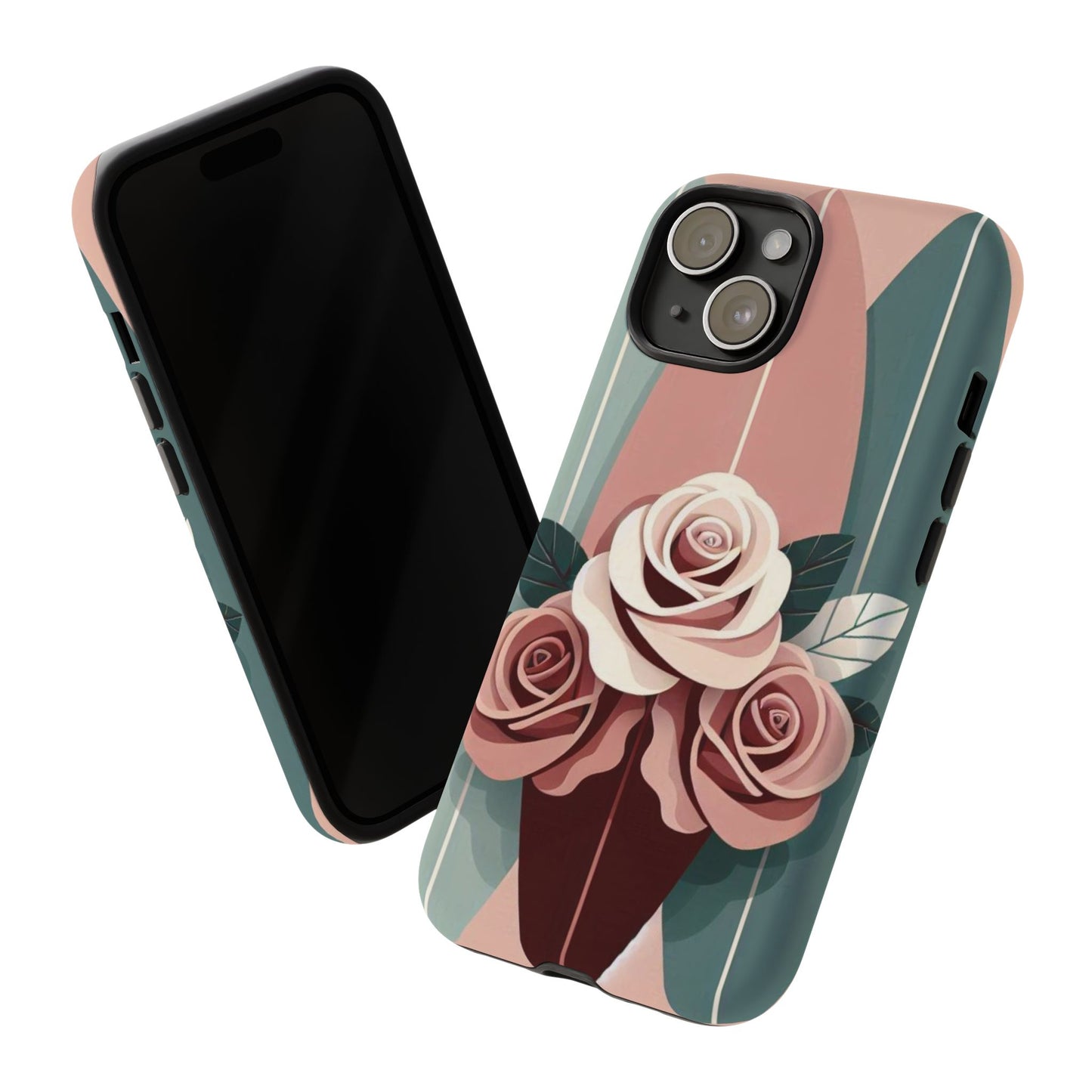 Phone Case - Burgundy, Matte Mauve & Teal Surfboard & Roses Design