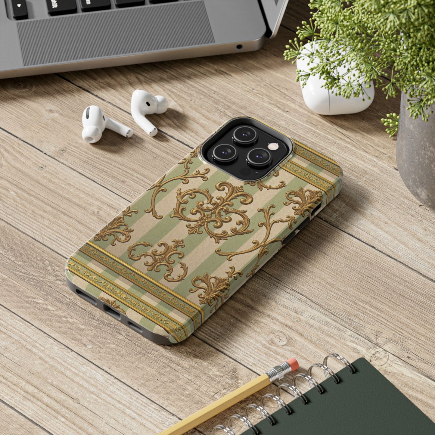 Vintage Elegance Phone Case, Tough Phone Cases for Style, Gift for Birthdays, Stylish Protection - Mint Green & Beige Striped Gold Baroque