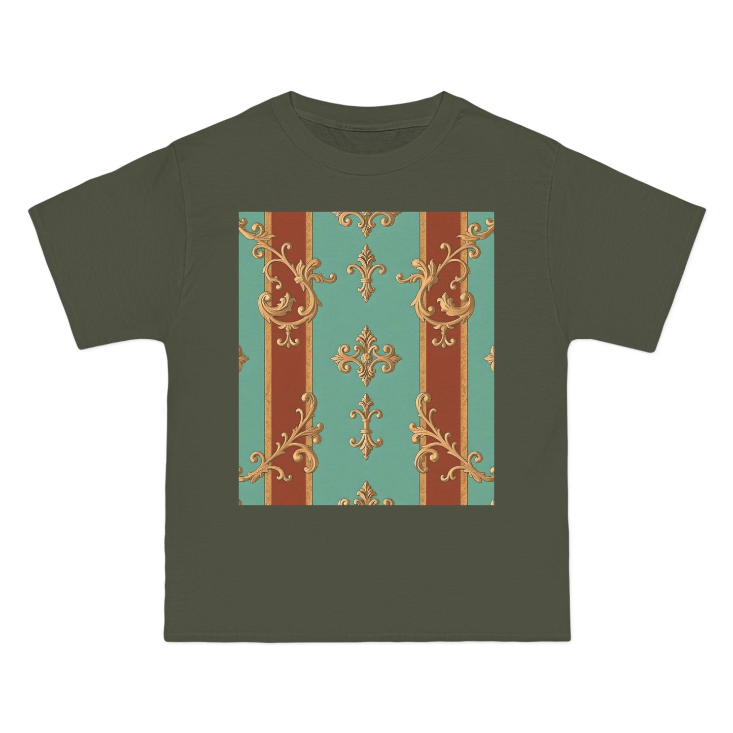 Elegant Vintage Patterned T-Shirt | Vintage Style Tee, Casual Wear, Retro Aesthetic - Rust & Mint Aqua Striped Baroque