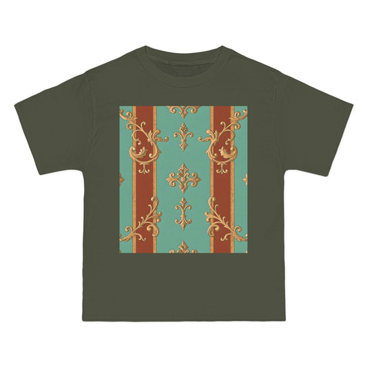 Elegant Vintage Patterned T-Shirt | Vintage Style Tee, Casual Wear, Retro Aesthetic - Rust & Mint Aqua Striped Baroque