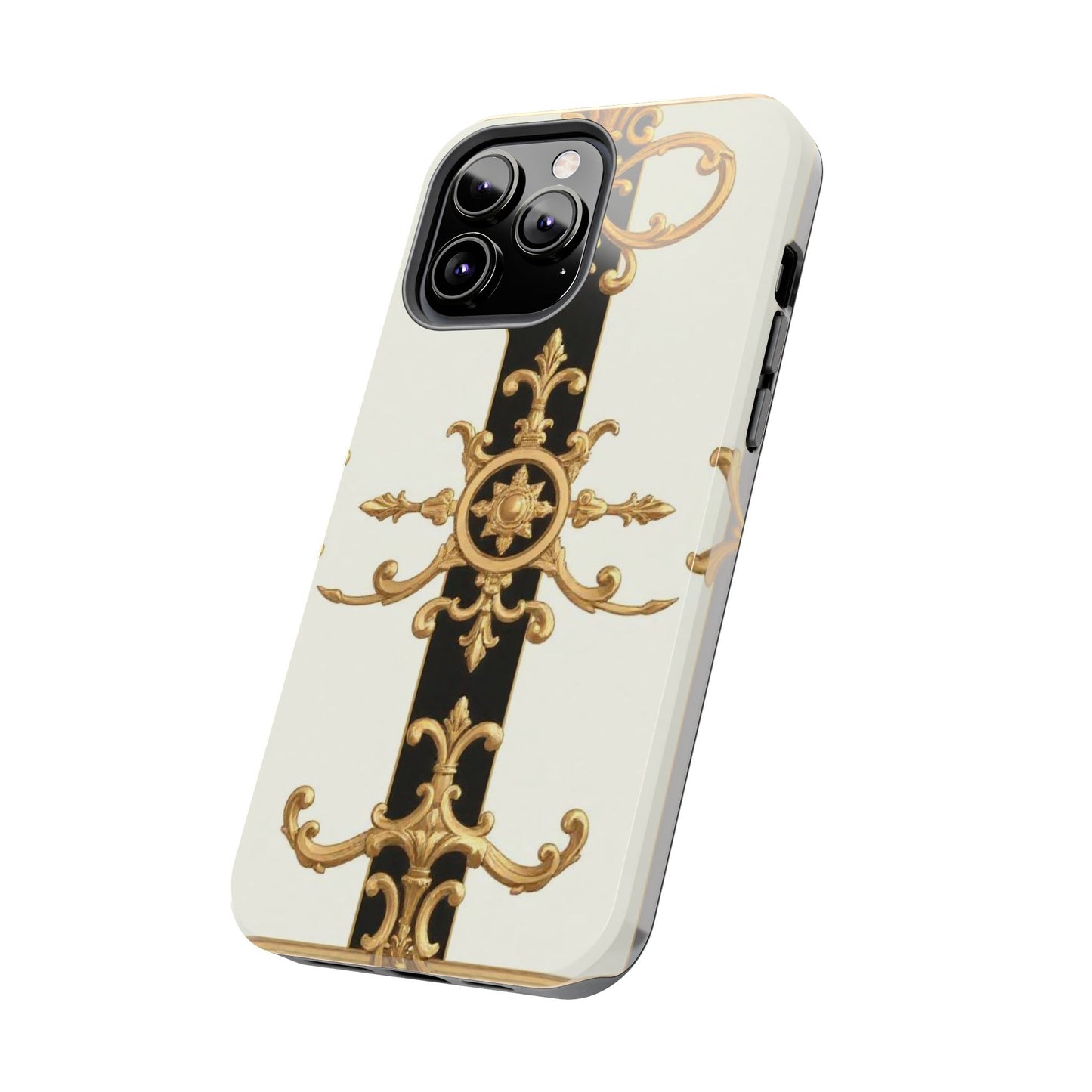 Elegant Baroque Tough Phone Case | Stylish Protection for Your Device, Gift for Her, Phone Accessories - Black & White Striped Gold Baroque