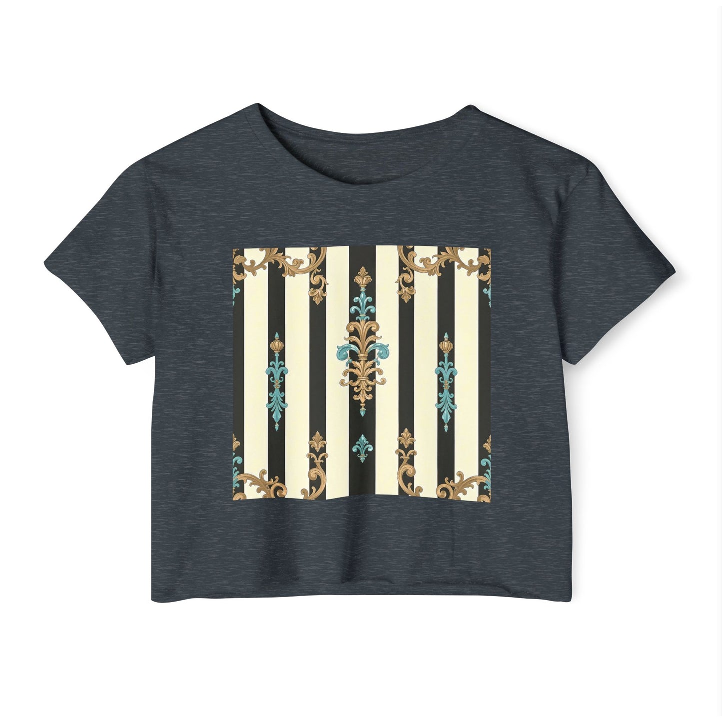 Bohemian Festival Crop Top, Stylish Summer Tee, Casual Day Out Shirt, Trendy Women’s Apparel - Black Striped Turquoise & Black Rococo