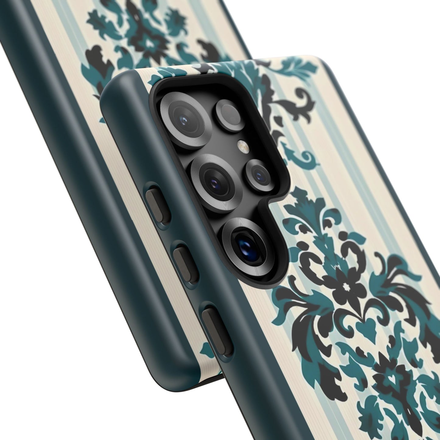 Elegant Floral Phone Case - Tough Cases with Vintage Design - Teal Striped Damask