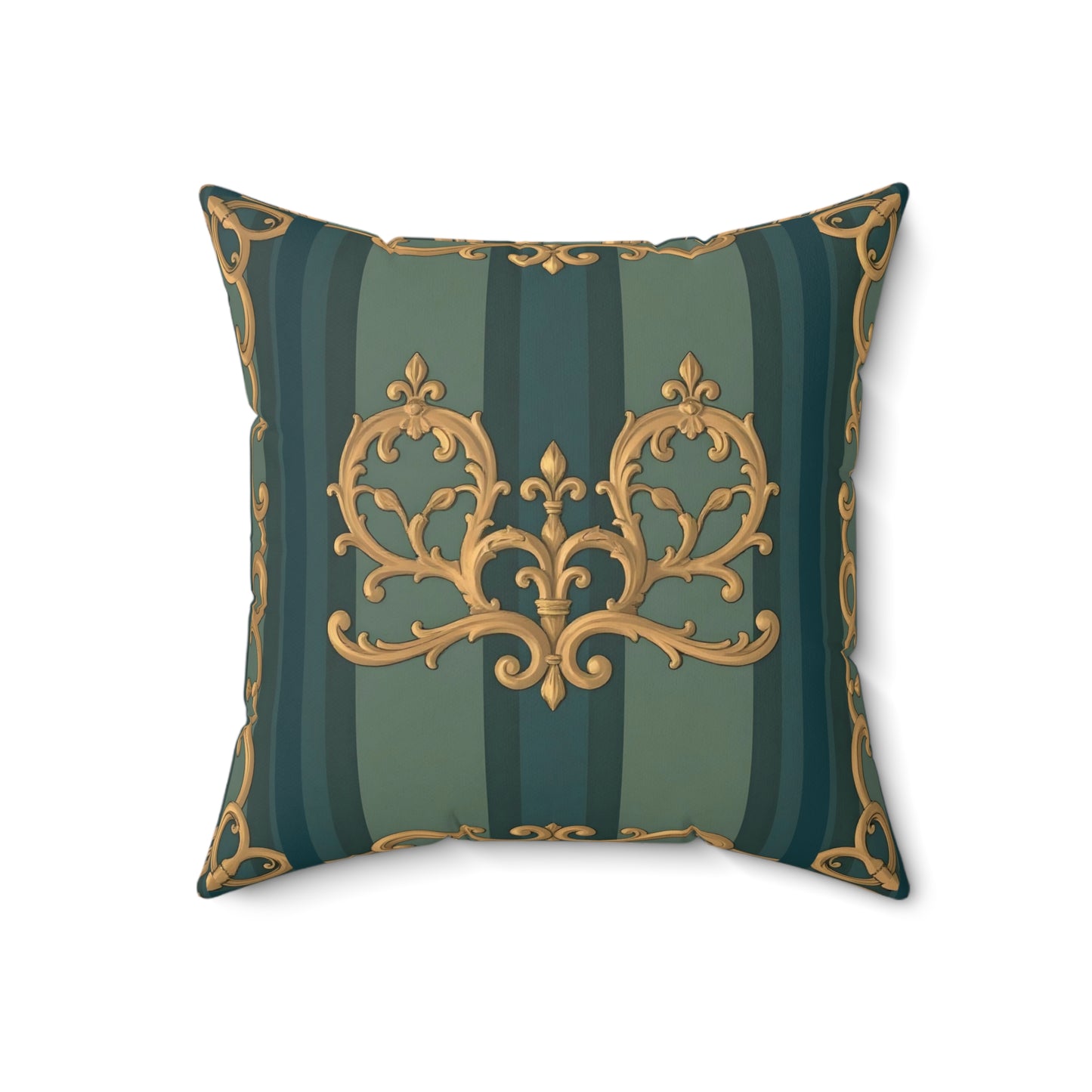 Luxurious Ornate Faux Suede Pillow | Decorative Square Cushion, Elegant Home Decor, Couch Accent - Smoky Blue & Teal Striped Baroque