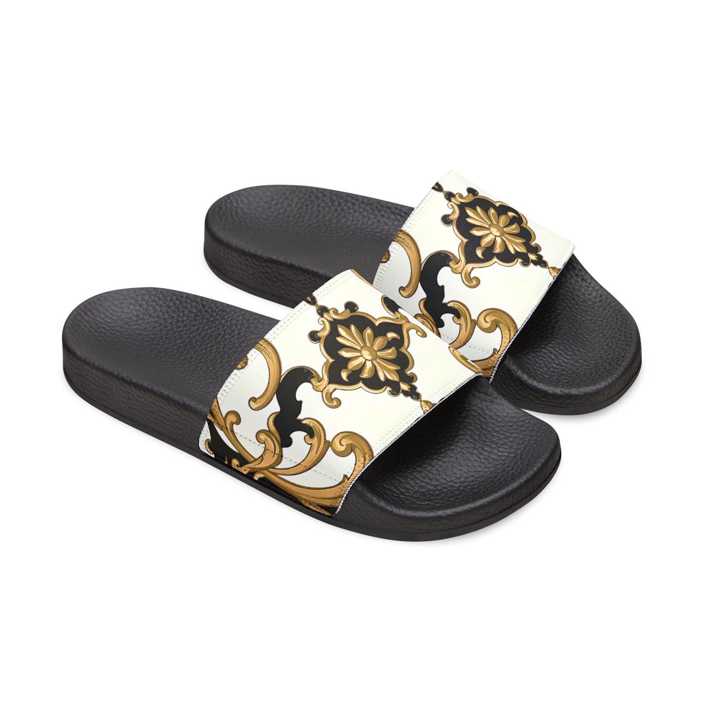 Chic Women's Removable-Strap Sandals | Casual Sliders, Summer Footwear, Stylish Slide Sandals, Trendy Beachwear - Black & Gold Rococo