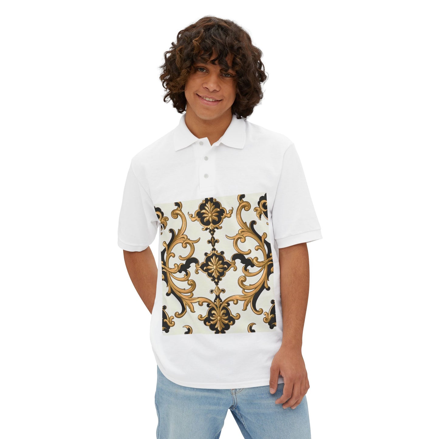 Stylish Men's Piqué Polo Shirt with Elegant Design - Perfect for Casual Events, Golf, Summer Days, Gifts - Black & Gold Rococo