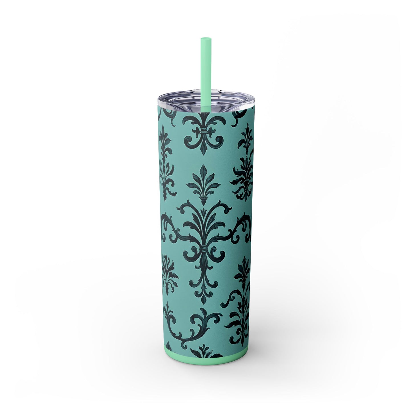 Elegant Floral Skinny Tumbler with Straw, 20oz, Personalized Drinkware, Stylish Travel Mug, Great Gift for Her - Teal Striped Rococo