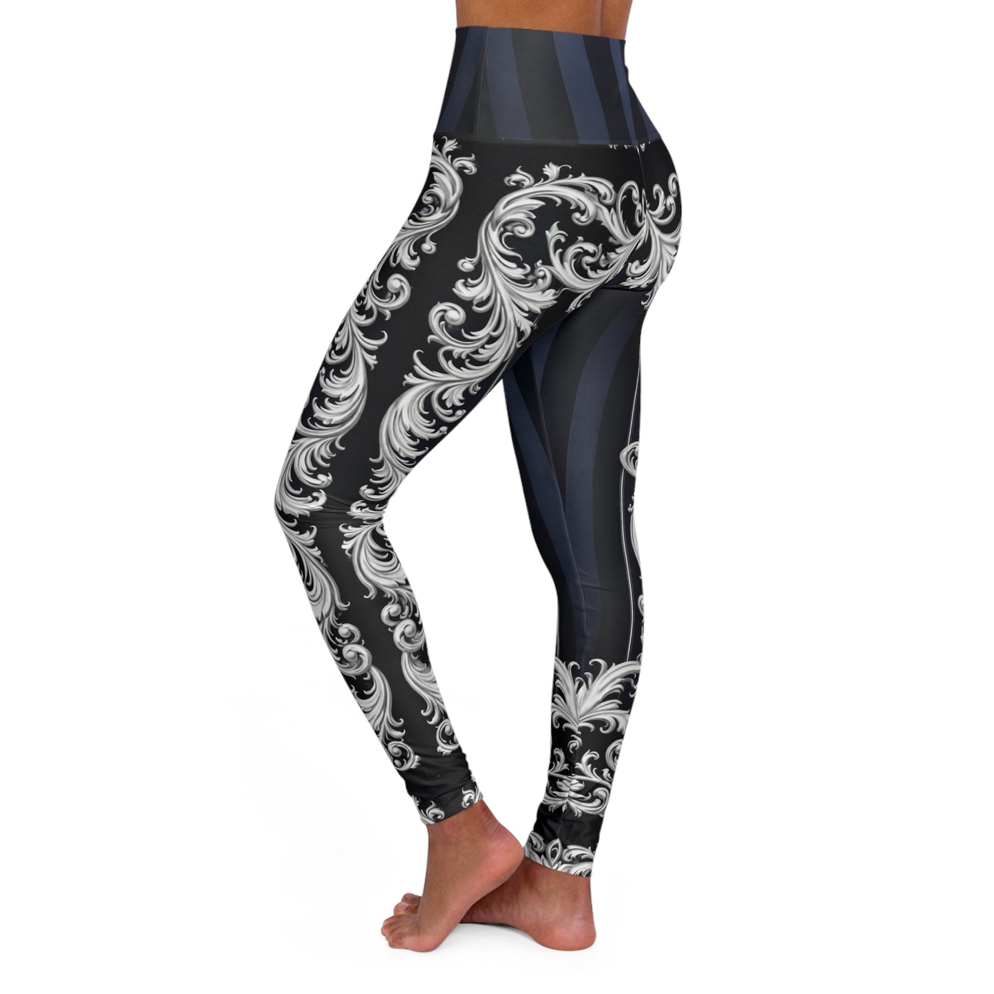 Navy Stripes & Baroque Scroll High-Waist Yoga Leggings