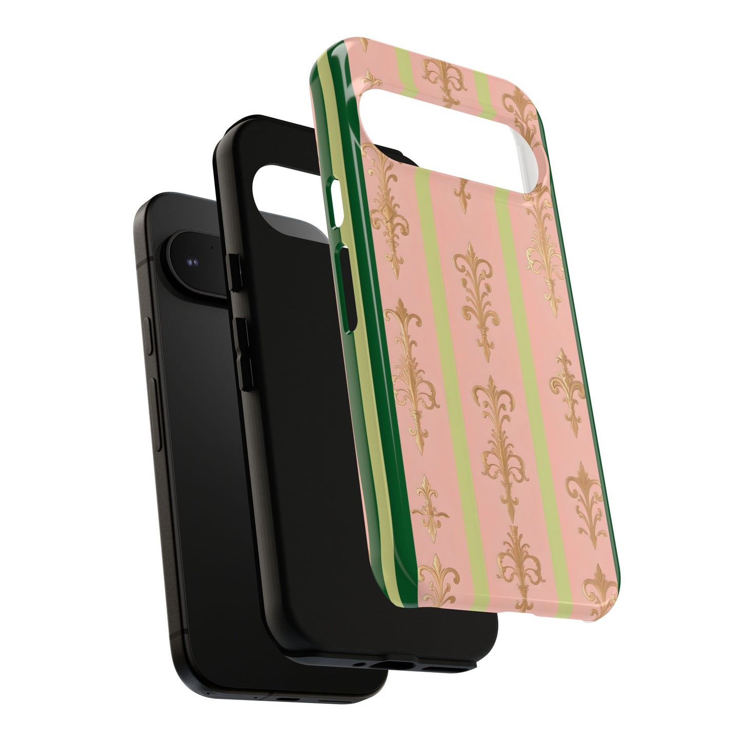 Elegant Floral Motif Phone Case - Tough Cases with Vintage Design - Lime Green & Pink Striped Damask