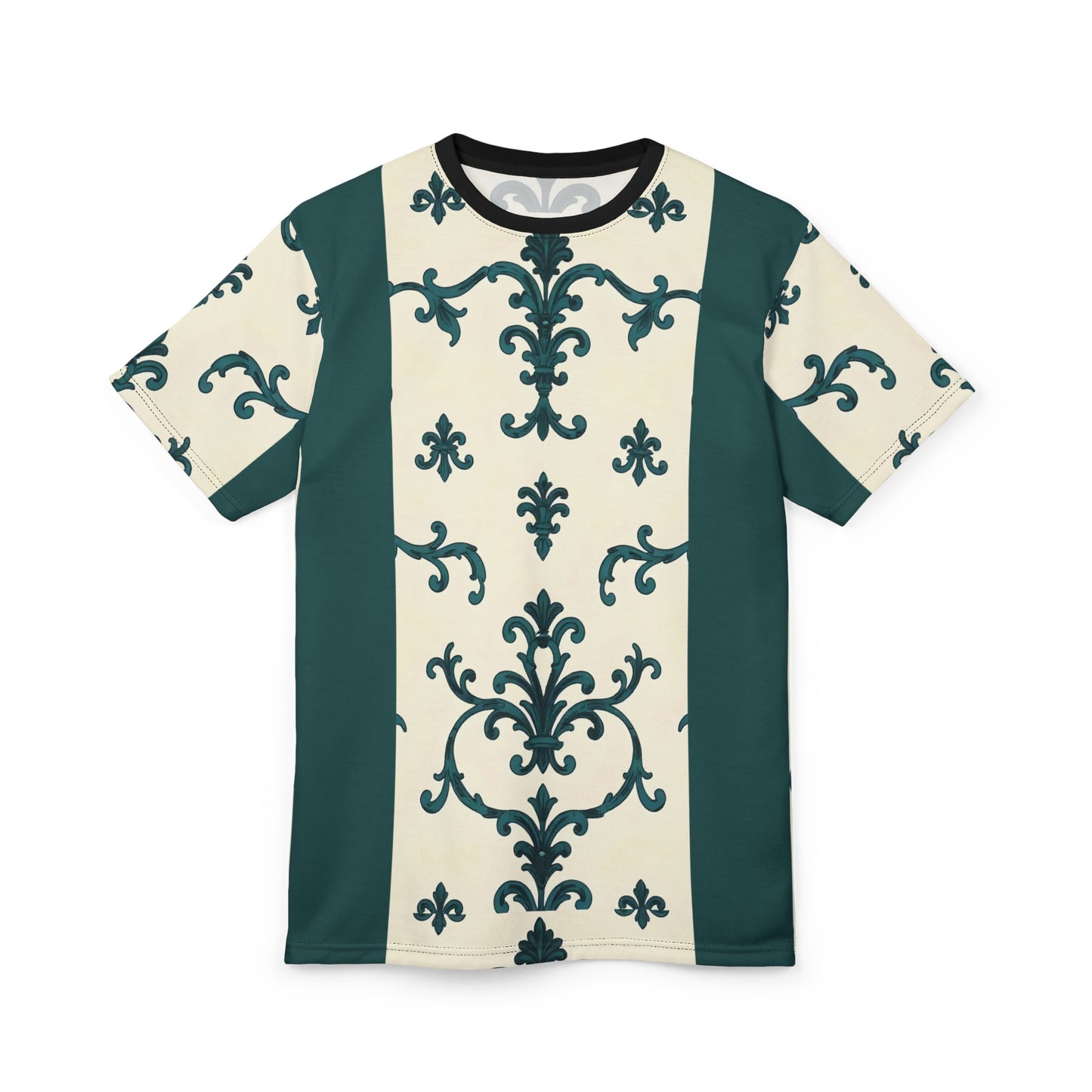 Unisex Cut & Sew Tee (AOP) - Teal Striped Rococo