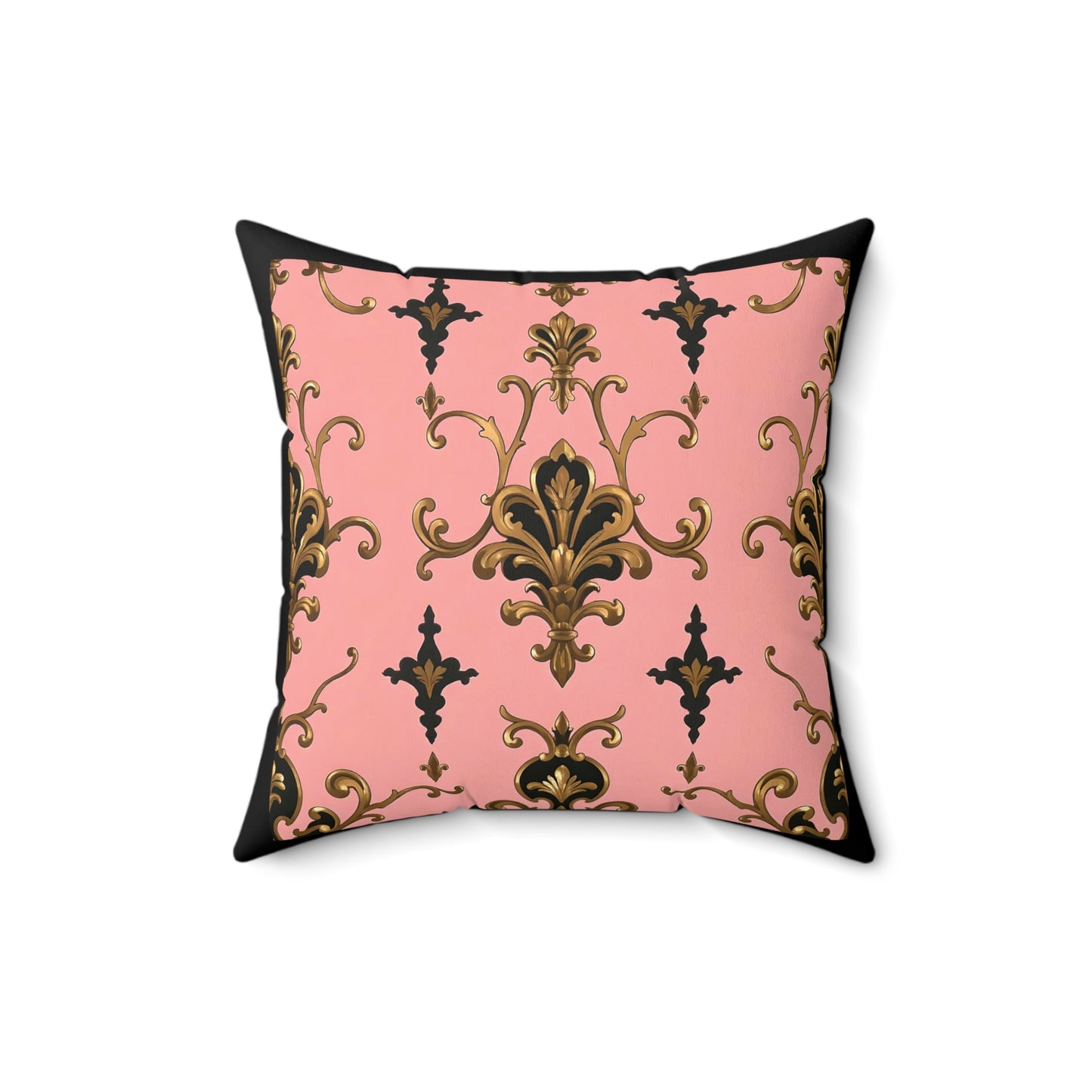 Elegant Faux Suede Pillow with Gold Baroque Design, Decorative Cushion for Home Decor, Throw Pillow - Pink, Black & Gold Rococo
