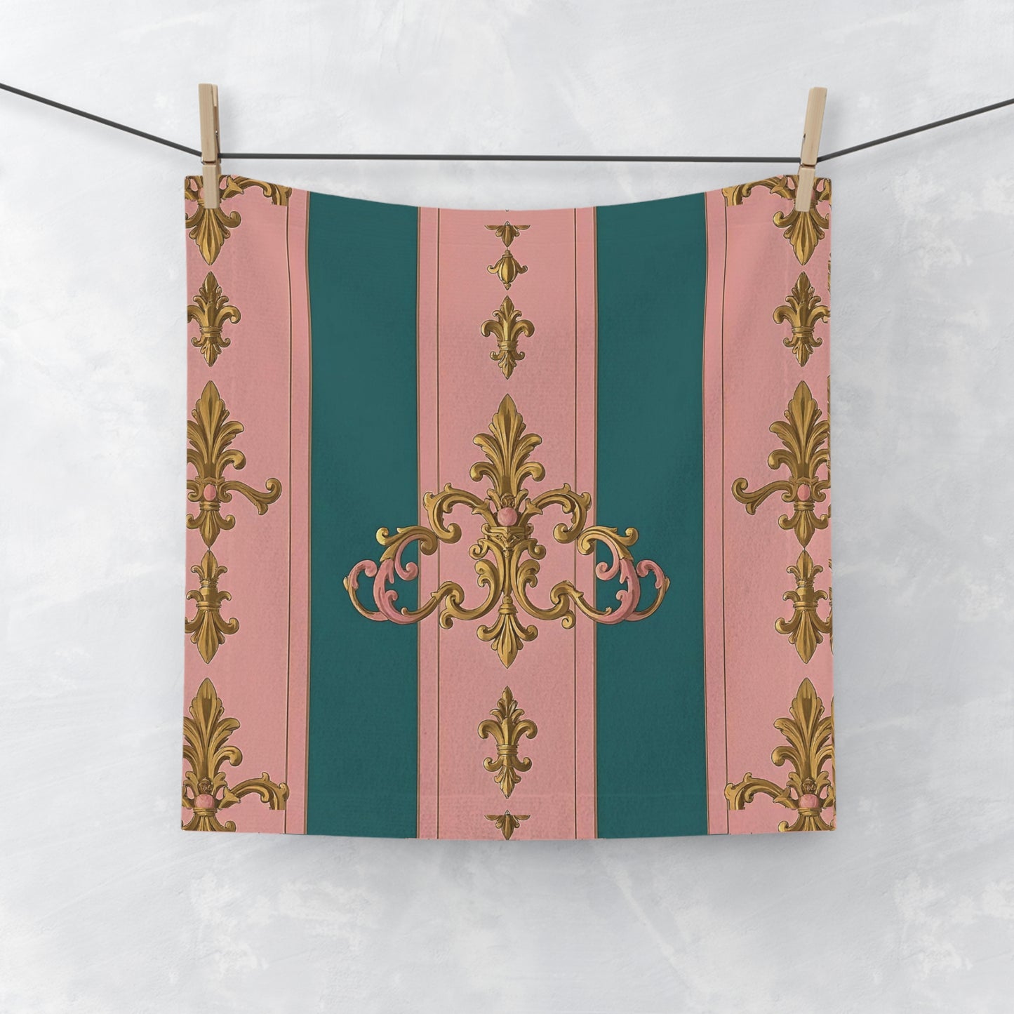 Elegant Decorative Face Towel, Luxurious Bathroom Accessory, Chic Gift, Home Decor - Pink & Teal Striped Gold Baroque