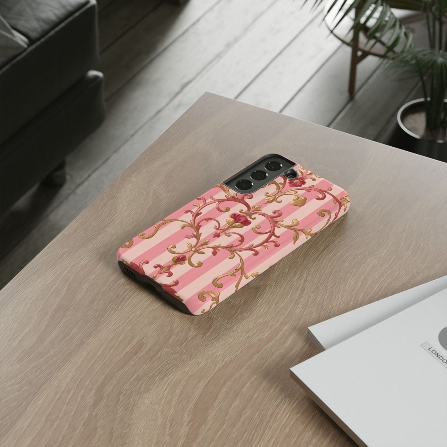 Elegant Floral Motif Phone Case - Tough Cases with Vintage Design - Pink Striped Rose Gold Damask