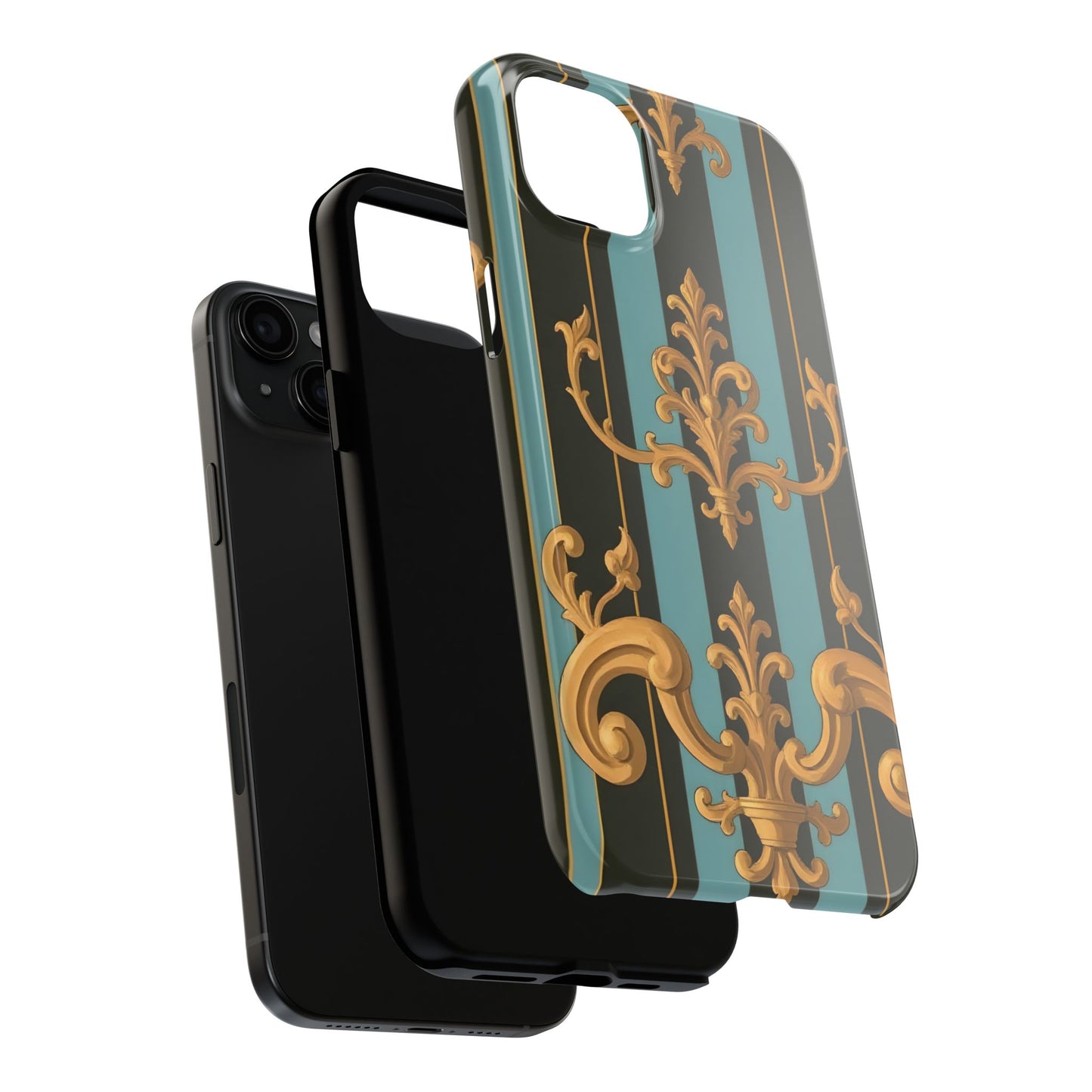 Elegant Baroque Tough Phone Case, Stylish Phone Cover, Durable iPhone Case, Unique Gift - Black & Turquoise Striped Baroque