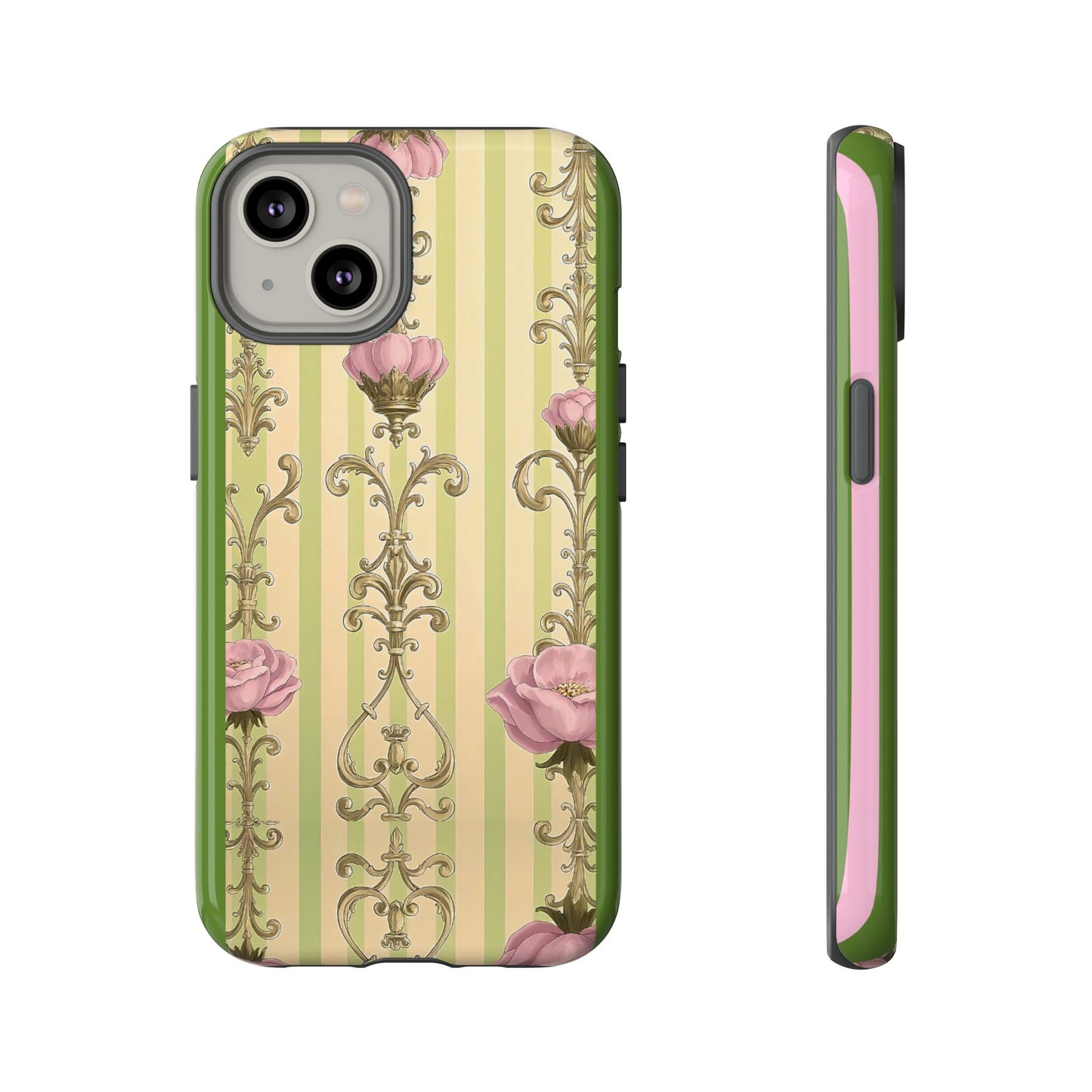 Elegant Floral Motif Phone Case - Tough Cases with Vintage Design - Lime Green & Pink Striped Damask